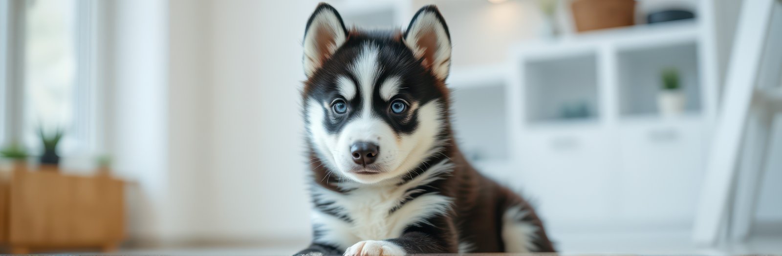 Cute Siberian Husky puppy resting indoors in a cozy home environment with bright natural light